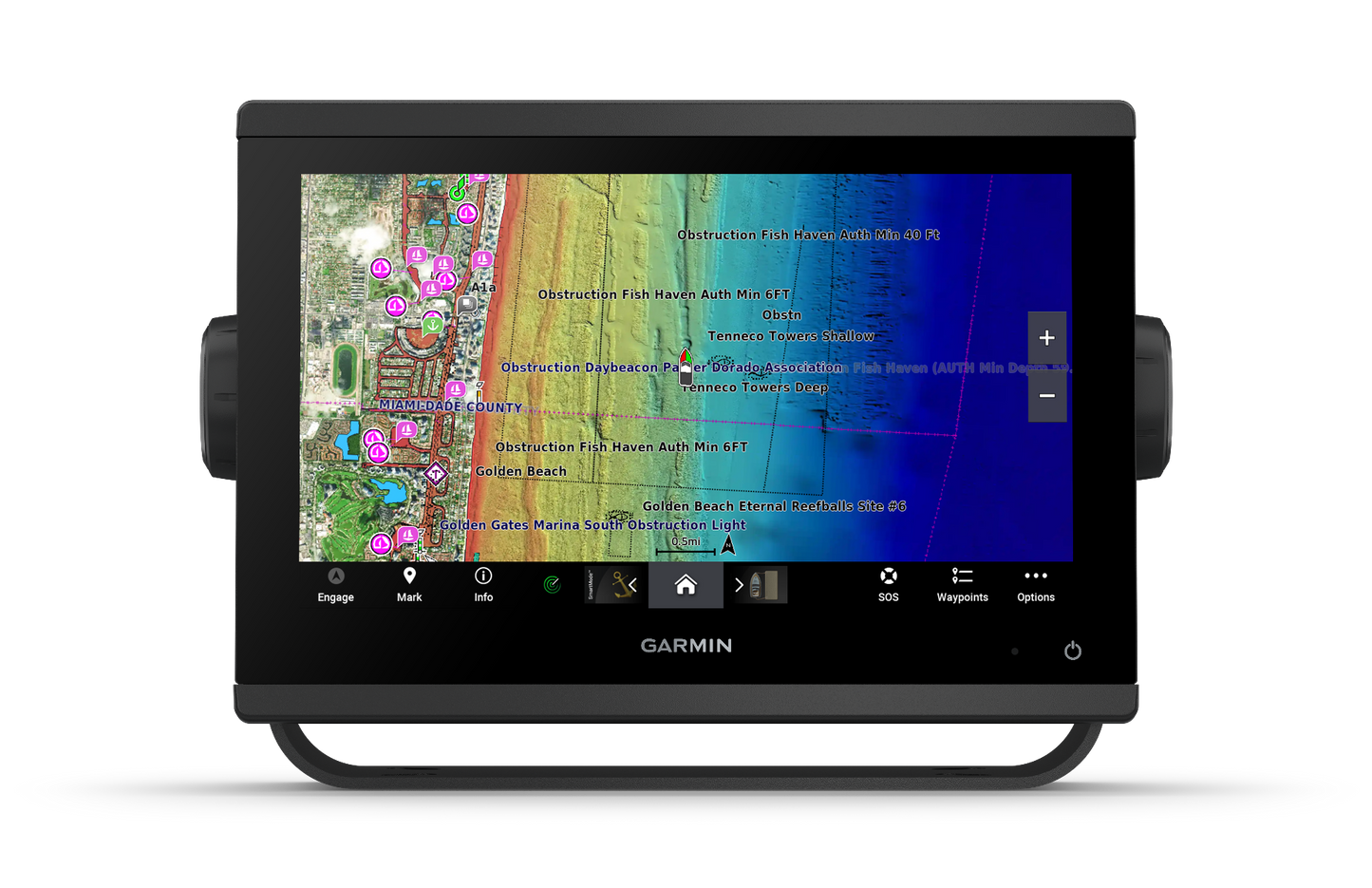Garmin GPSMAP 943xsv marine chartplotter; black unit with color touchscreen map display