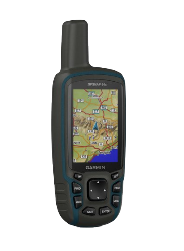 Garmin GPSMAP 64x handheld GPS with TOPO maps, refurbished, dark gray with teal trim.