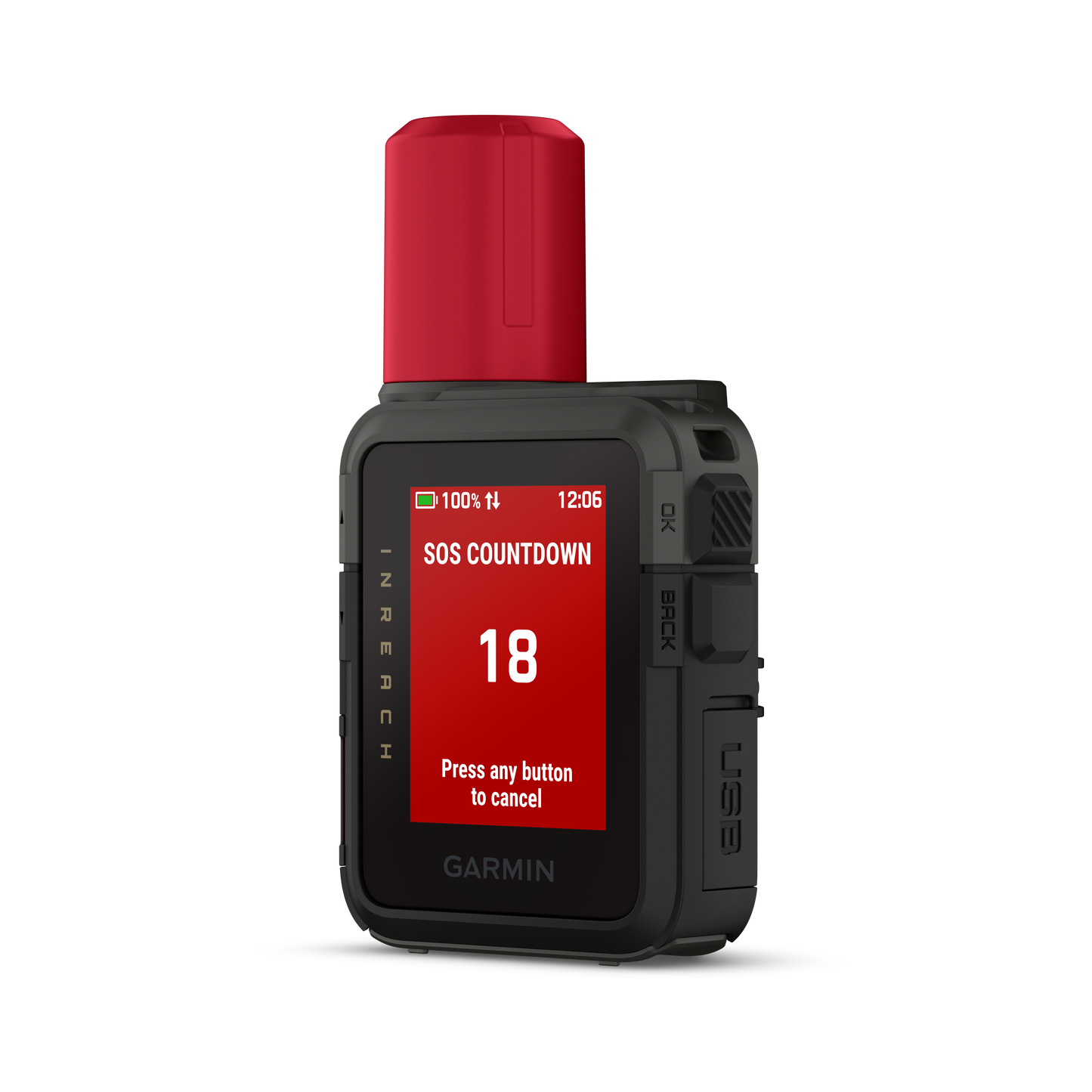 Garmin inReach Mini 3 Plus satellite communicator with red antenna and rugged black body