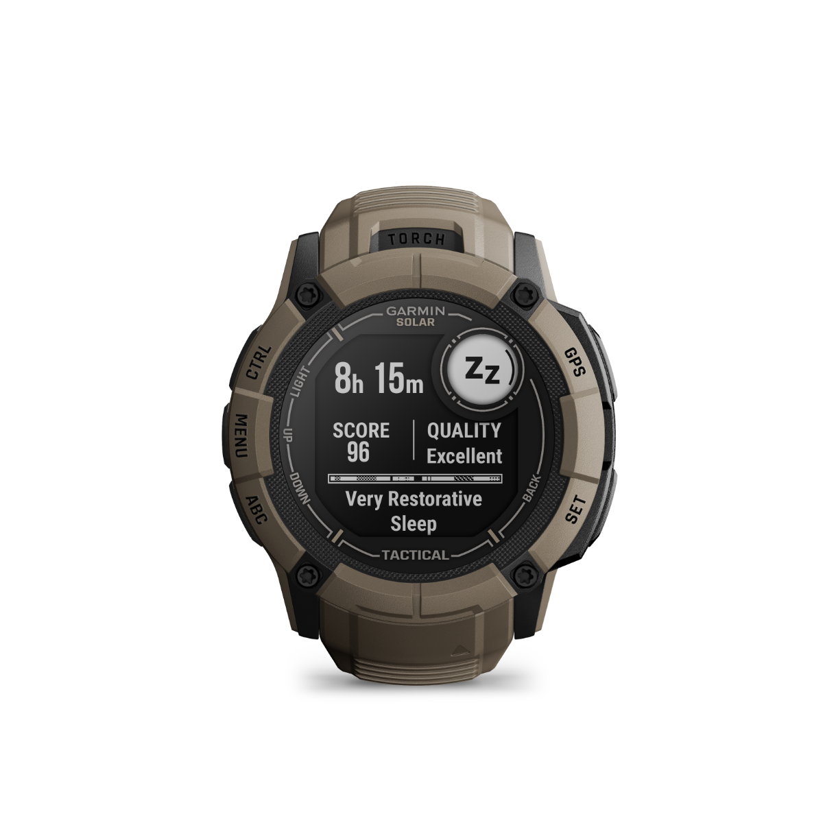 Garmin Instinct 2X Solar Tactical Edition watch, coyote tan, rugged GPS smartwatch with built-in flashlight