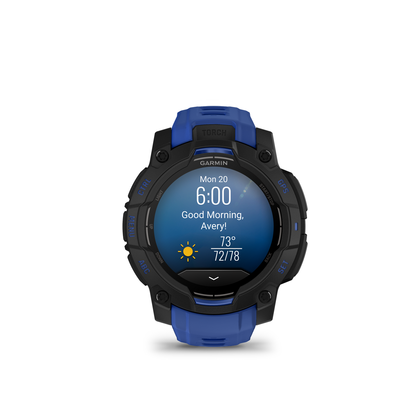 Garmin Instinct 3 smartwatch, 45mm AMOLED, black case with bolt blue/black band