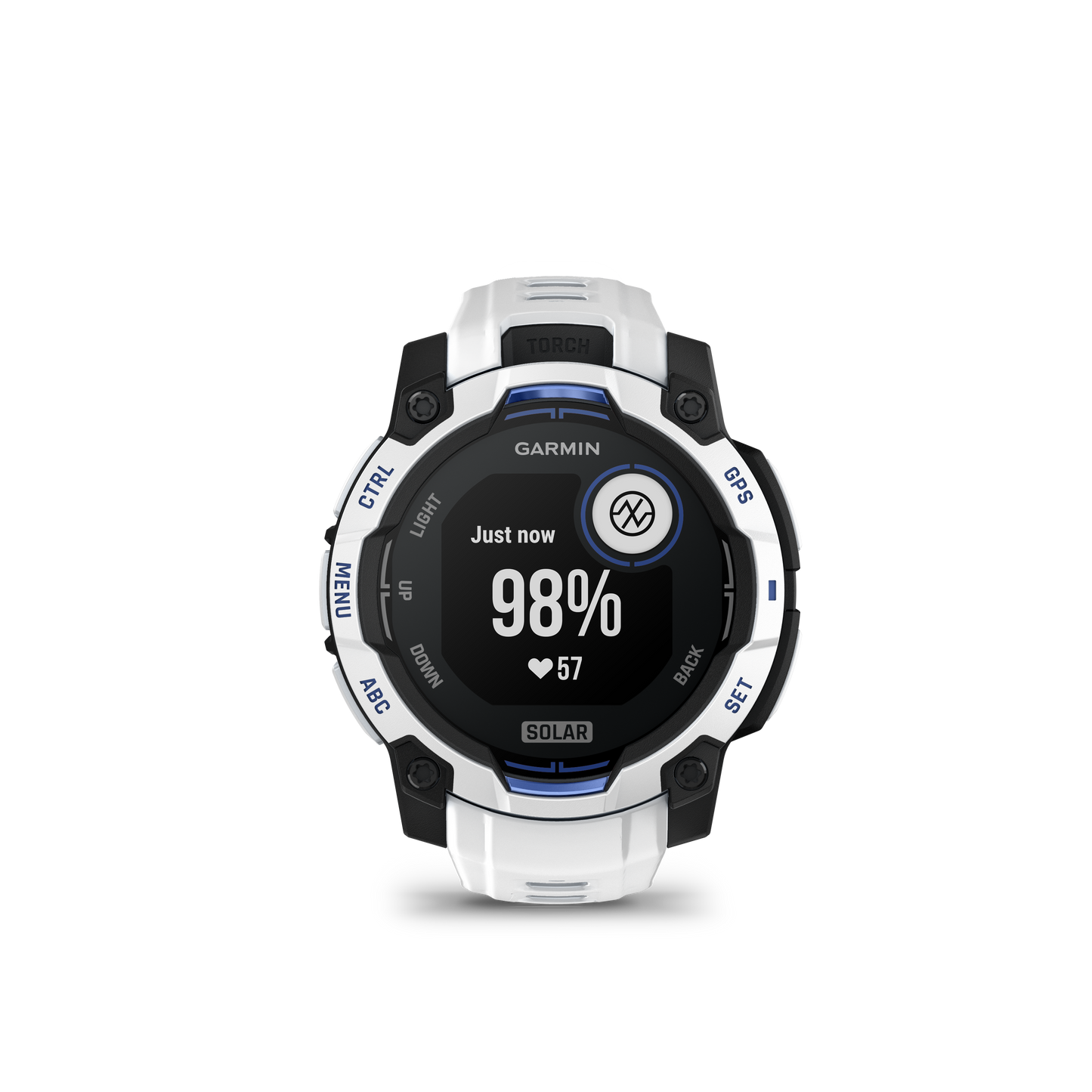 Garmin Instinct 3 smartwatch, 45mm solar, Whitestone band with bolt-blue accents
