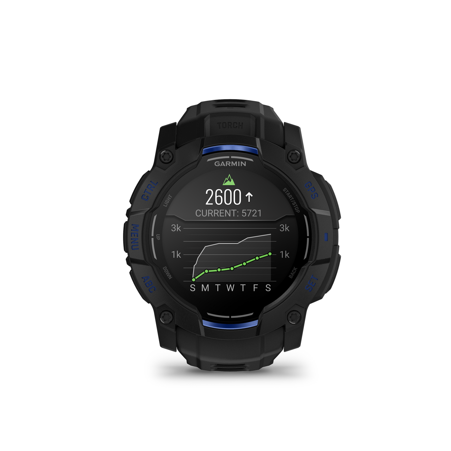 Garmin Instinct 3 AMOLED smartwatch, 50mm, black case with bolt-blue band.