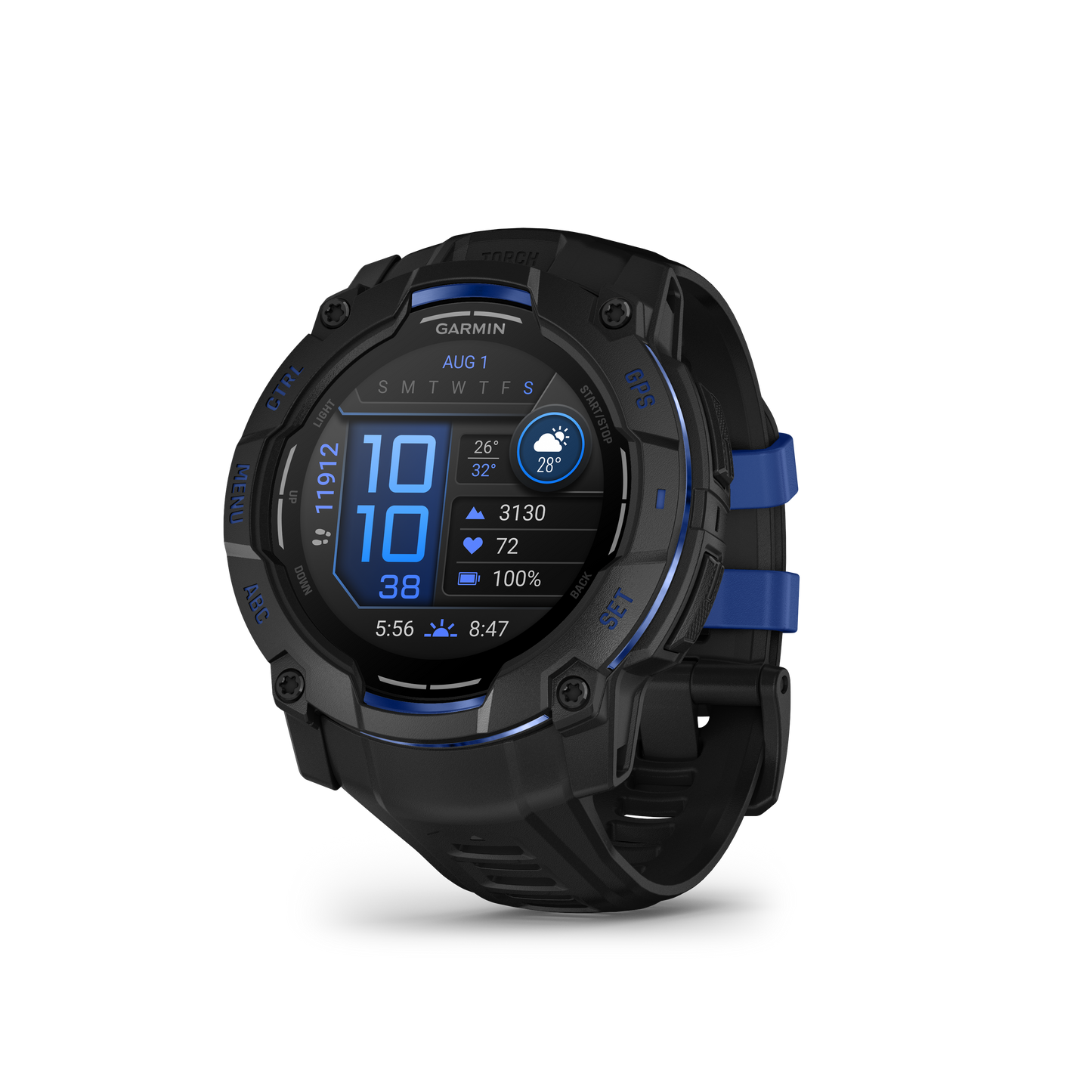 Garmin Instinct 3 AMOLED smartwatch, 50mm, black case with blue band.