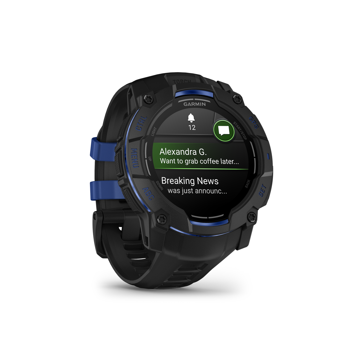 Garmin Instinct 3 AMOLED smartwatch, 50mm, black case with blue band.