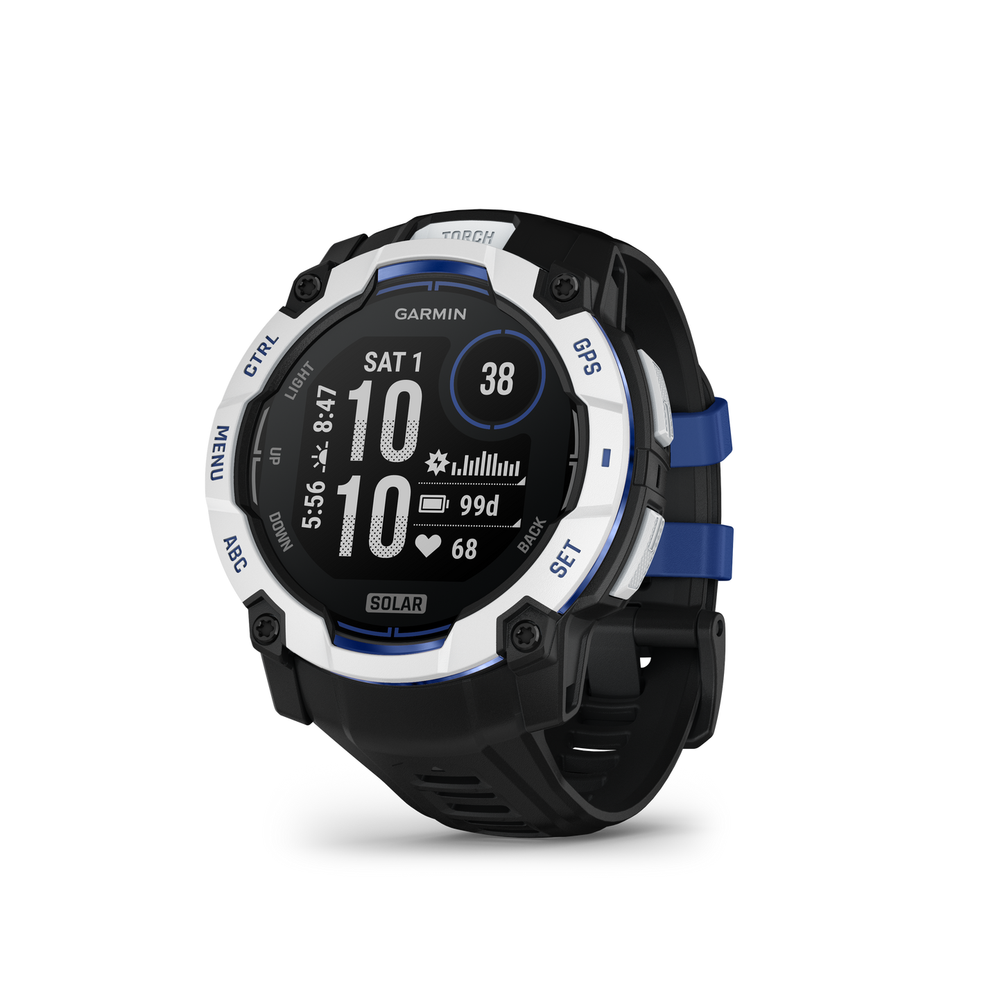 Garmin Instinct 3 Solar smartwatch with Whitestone bezel and bolt-blue band.