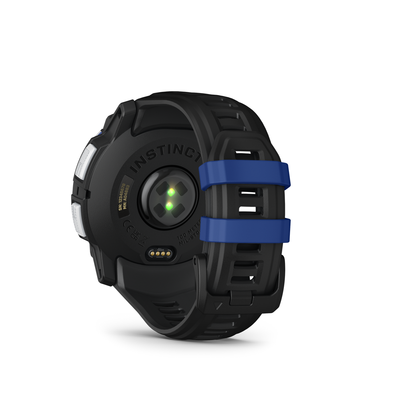Garmin Instinct 3 Solar smartwatch, 50mm Whitestone case with black and bolt-blue band.