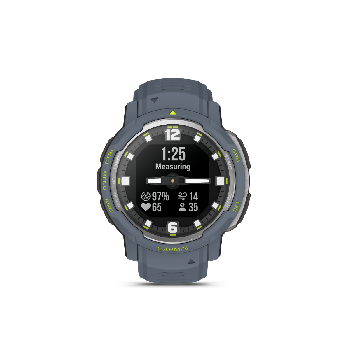 Garmin Instinct Crossover Smartwatch, Blue Granite, Standard Edition with rugged blue-gray band.