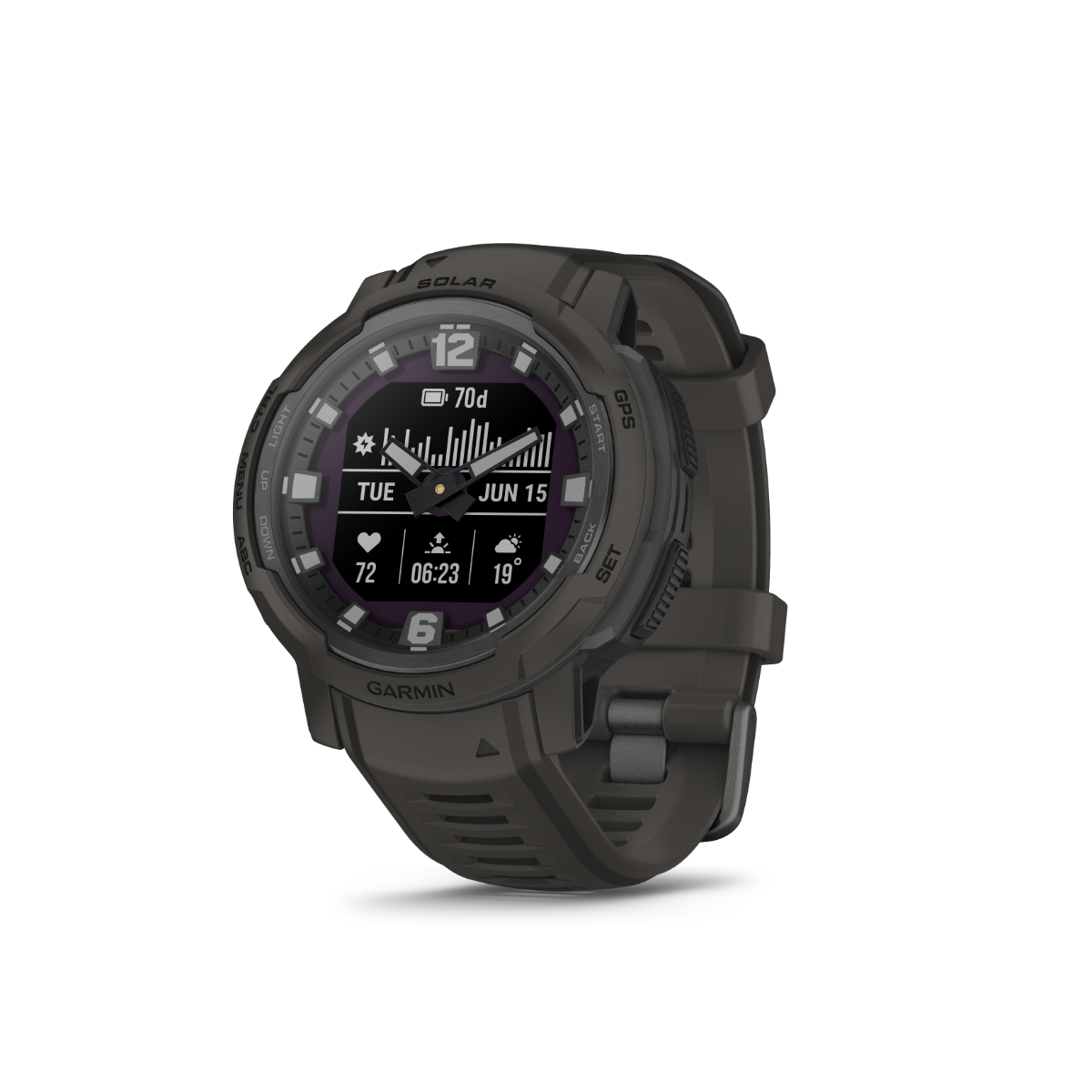 Garmin Instinct Crossover Solar smartwatch in graphite with a rugged dark strap