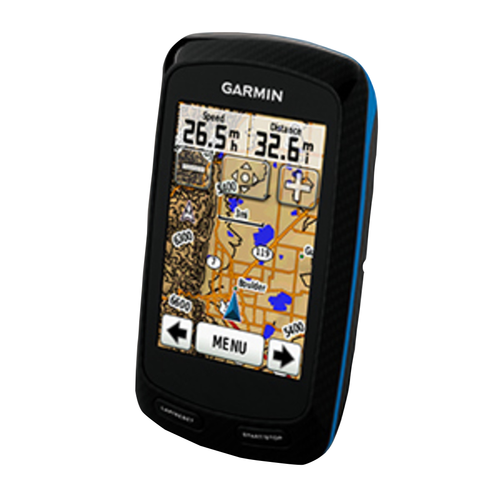 Garmin Edge 800 bicycle computer, black with blue trim, displaying map navigation.
