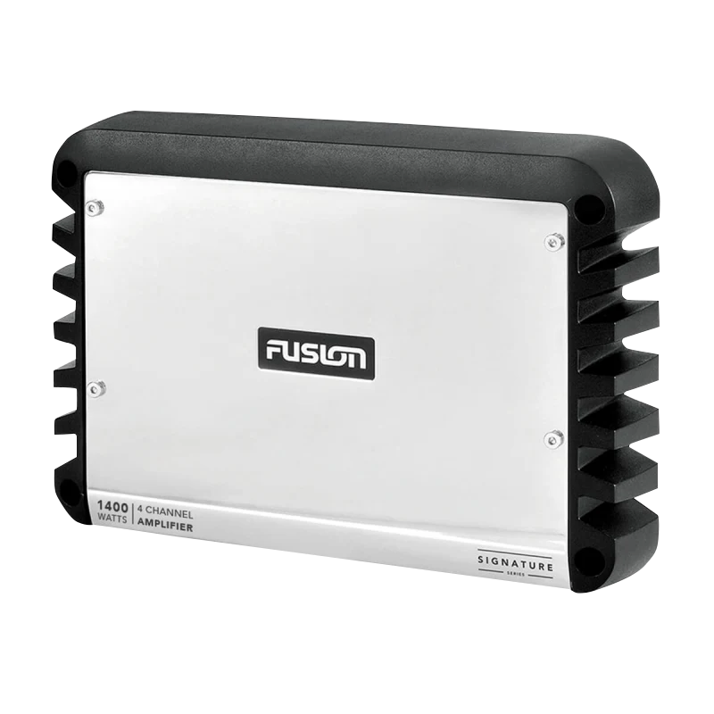 Fusion Signature Series marine monoblock amplifier; silver front panel with black heatsink fins