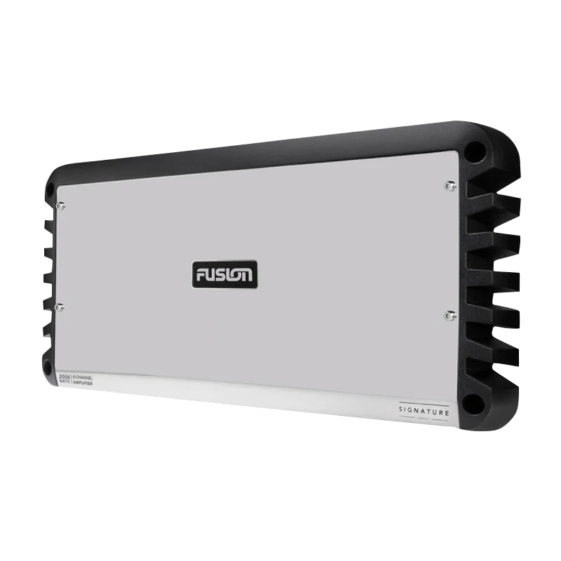 Garmin Fusion Signature Series 8-channel 2000W marine amplifier with silver front panel and black heat-sink housing.