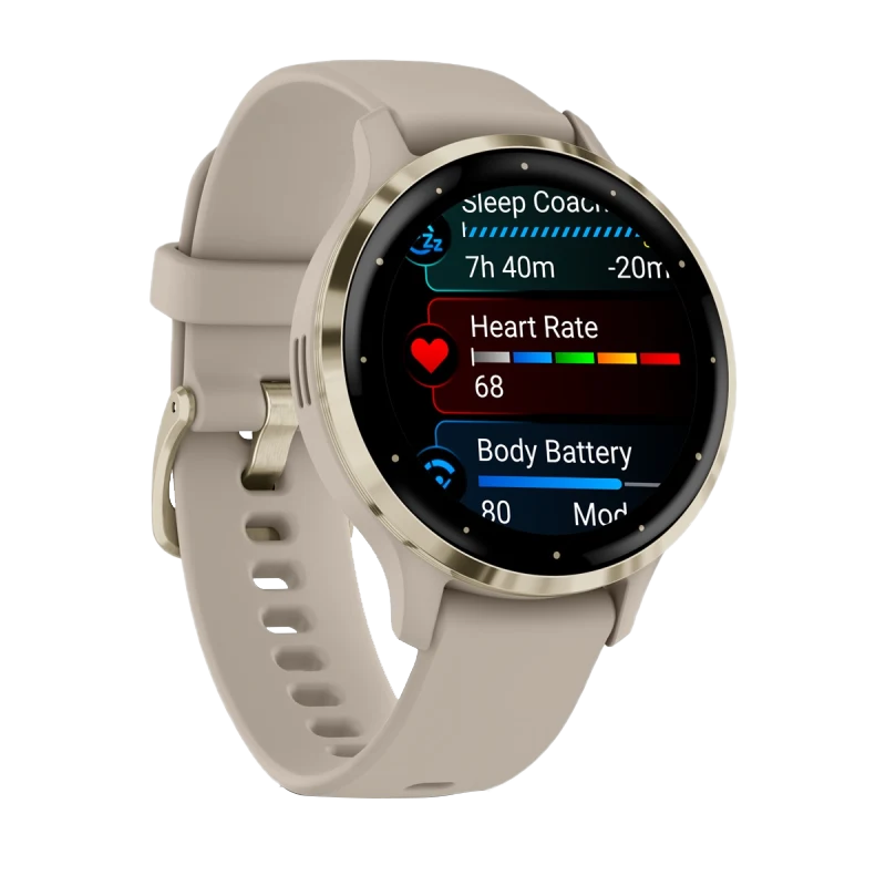 Garmin Venu 3S smartwatch, 41 mm, soft gold bezel, French gray case and beige silicone band