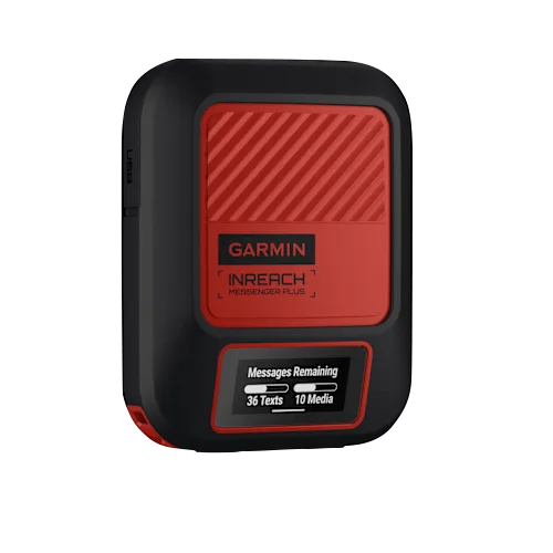 Garmin InReach Messenger Plus satellite communicator, red/black handheld device for photo and voice messaging.