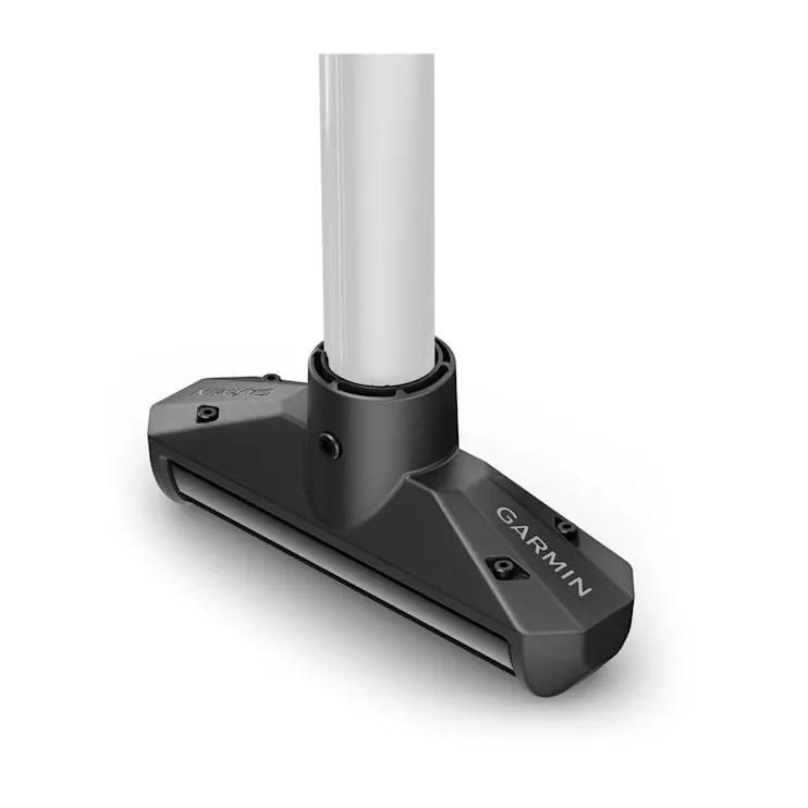 Garmin GT360UHD transducer on spy pole mount; dark gray base with Garmin branding