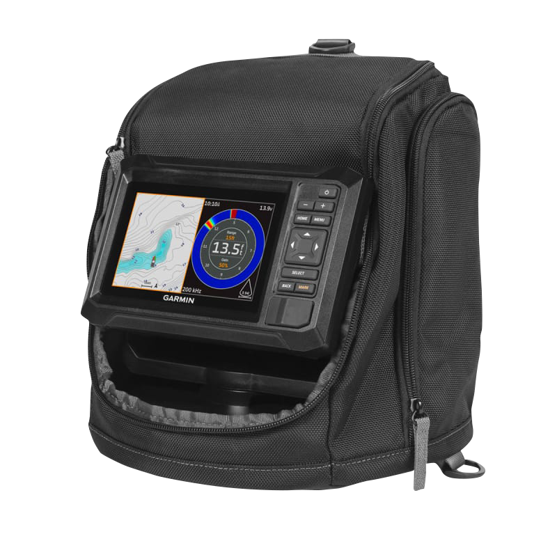 Garmin ECHOMAP 55cv UHD2 Ice Fishing bundle display in a black carrying case with Navionics Plus maps