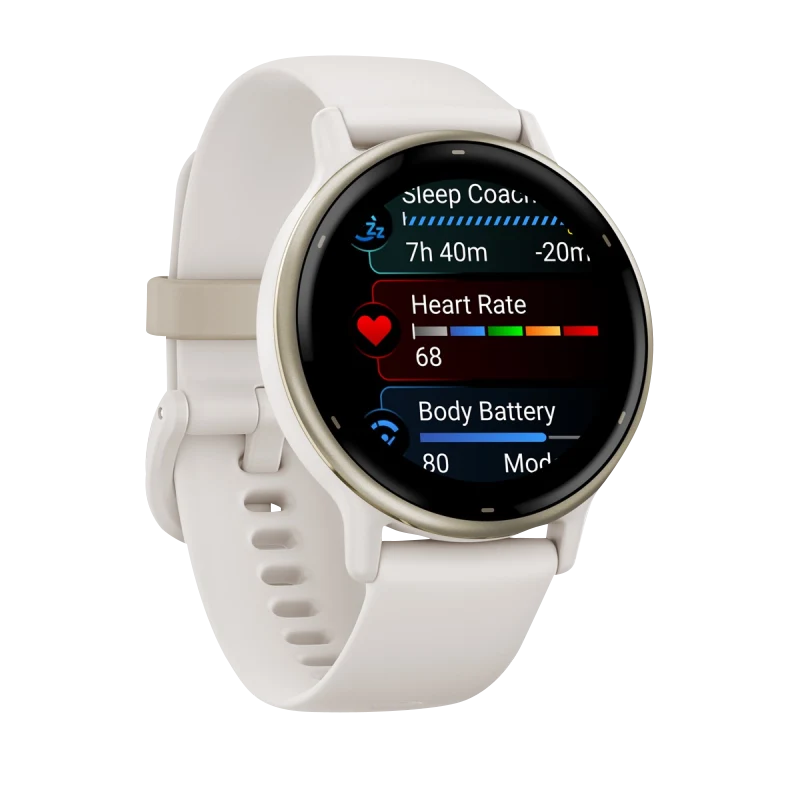 Garmin Vivoactive 5 smartwatch with cream-gold aluminum bezel, ivory case and silicone band