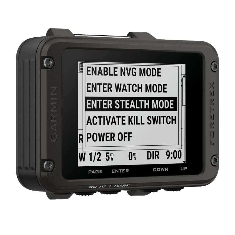 Garmin Foretrex 801 wrist-mounted GPS navigator in black with rugged case and visible screen menu