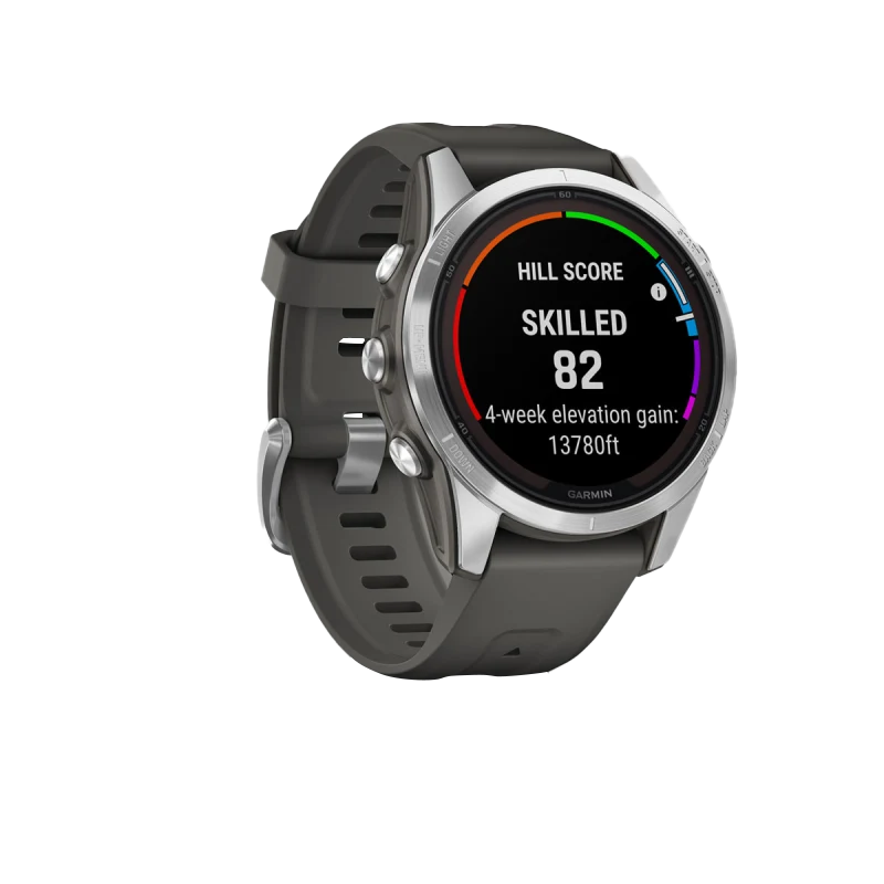Garmin Fenix 7S Pro Solar smartwatch with silver case and graphite band