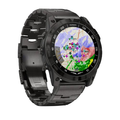 Garmin D2 Mach 1 Pro aviation smartwatch with black vented titanium bracelet, 51 mm.