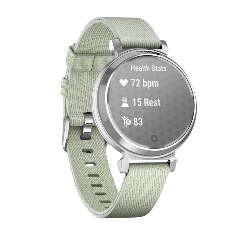 Garmin Lily 2 Classic smart watch, silver case with sage gray nylon band, Garmin Certified Refurbished