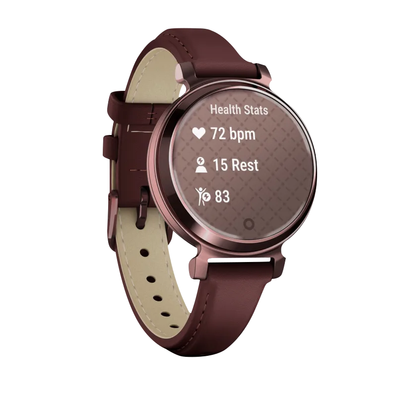 Garmin Lily 2 Classic smartwatch in dark bronze with mulberry leather band, certified refurbished
