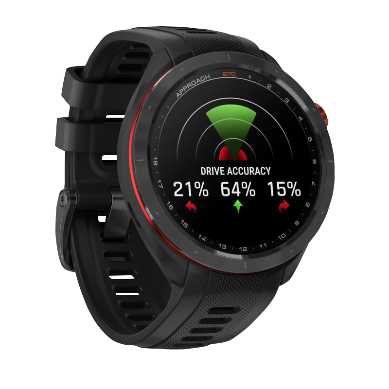 Garmin Approach S70 smartwatch, 47 mm with black/red ceramic bezel and black silicone band.