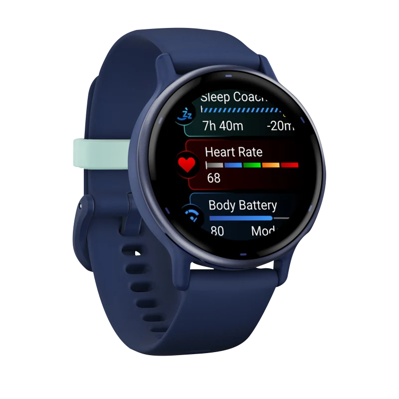 Garmin Vivoactive 5 smartwatch with metallic navy aluminum bezel, navy case, and navy silicone band.