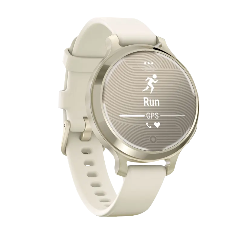 Garmin Lily 2 Active smartwatch Lunar Gold with Bone silicone band, certified refurbished