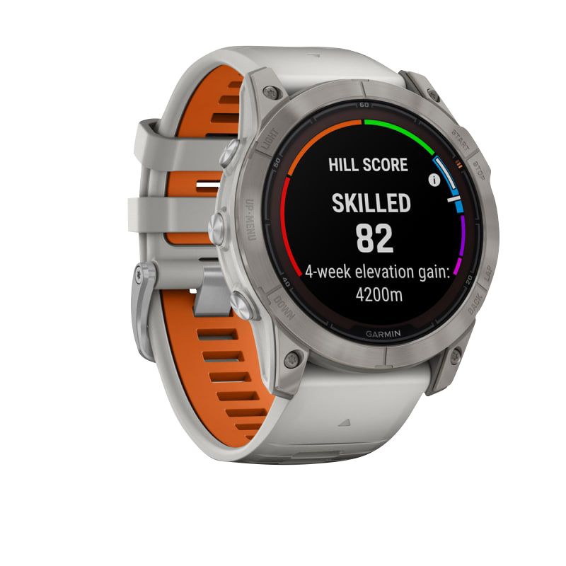 Garmin Fenix 7X Pro Sapphire Solar titanium smartwatch with fog gray/ember orange band.