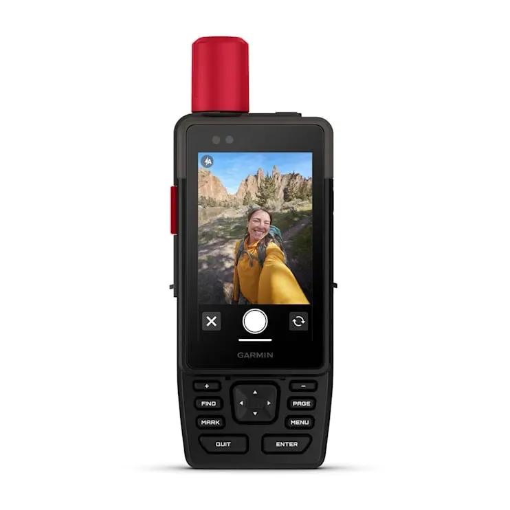 Garmin GPSMAP H1i Plus handheld GPS with inReach Plus; black device with red top antenna and touchscreen display.