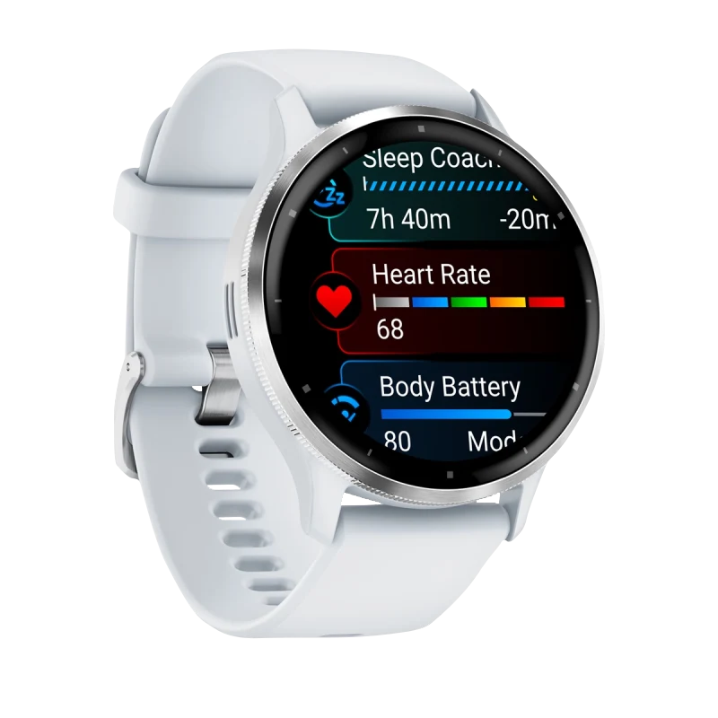 Garmin Venu 3 smart watch, 45mm, silver stainless steel bezel with Whitestone case and white silicone band