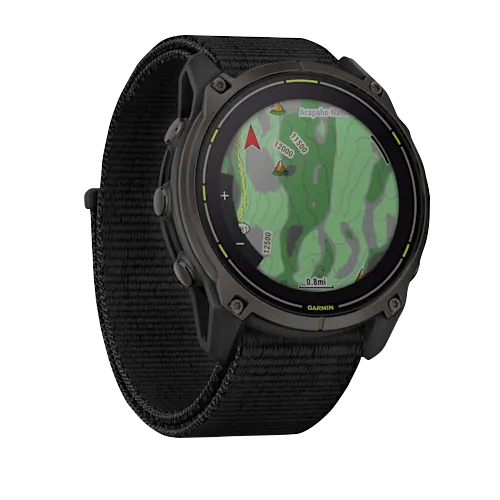 Garmin Enduro 3 Black smartwatch with navigation map display and black strap.