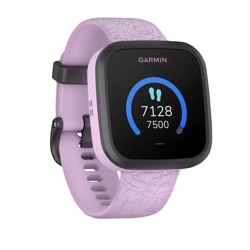 Garmin Bounce Lilac Floral smartwatch with purple floral band and dark display