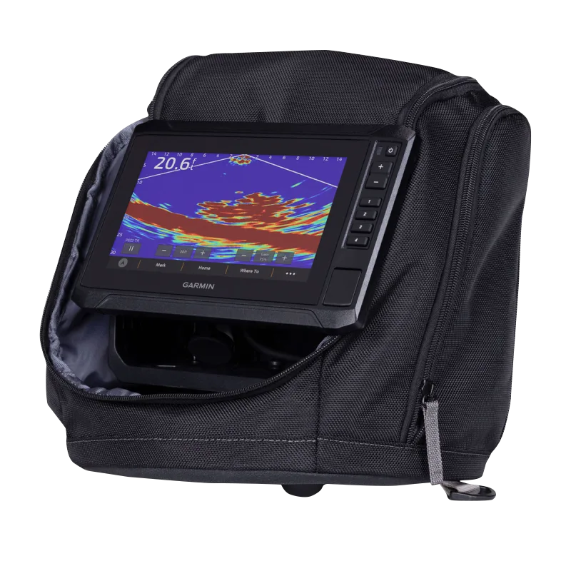 Garmin Panoptix PS22-IF ice fishing sonar in a black carrying case