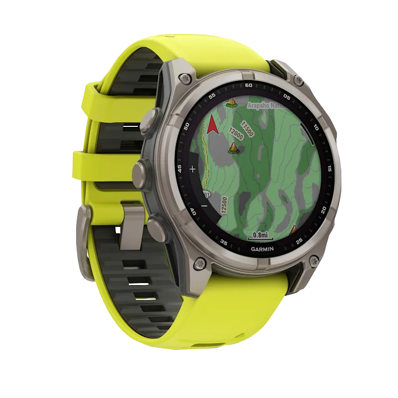 Garmin Fenix 8 smartwatch, 47 mm AMOLED Solar Sapphire Titanium, Amp Yellow/Graphite silicone band