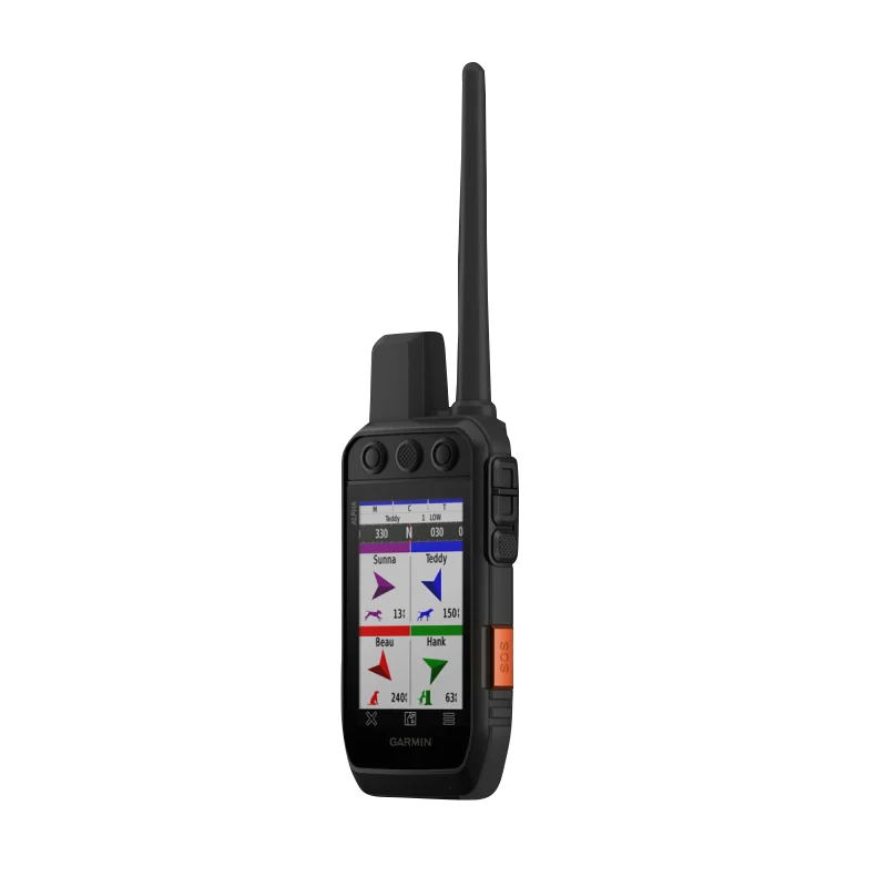 Garmin Alpha 300i handheld black dog-tracking GPS device with antenna