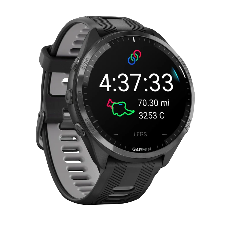 Garmin Forerunner 965 smartwatch with carbon gray DLC titanium bezel, black case, and black/powder gray silicone band