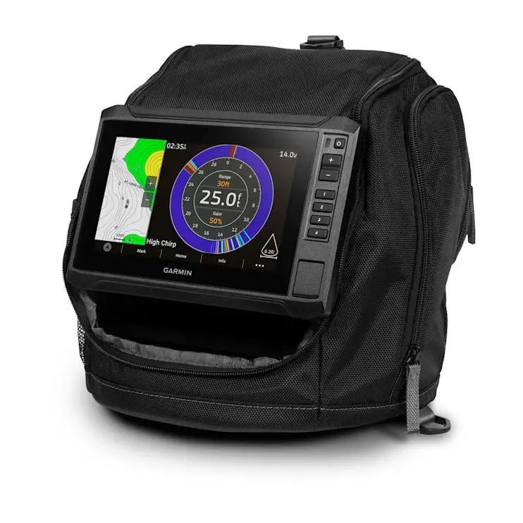 Garmin ECHOMAP UHD2 7-inch ice fishing bundle with GT10HN-IF transducer, displayed on a black carrying case