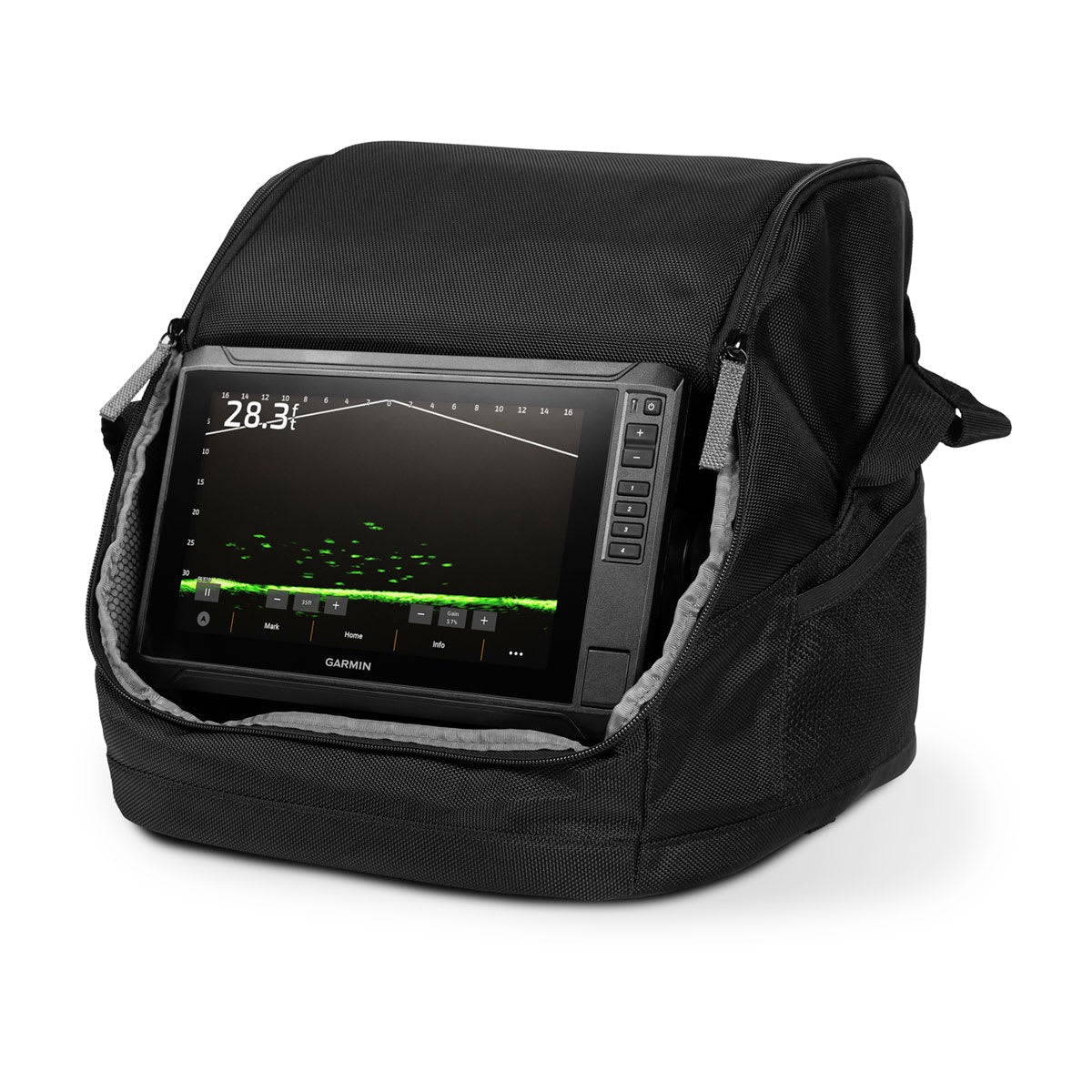 Garmin LiveScope Plus Lithium-ion ice fishing bundle fish finder in a black carrying case