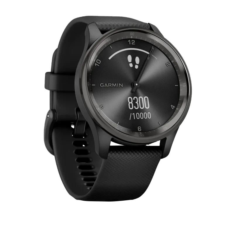 Garmin Vívomove Trend smartwatch with slate dial, stainless steel bezel and silicone band, certified refurbished