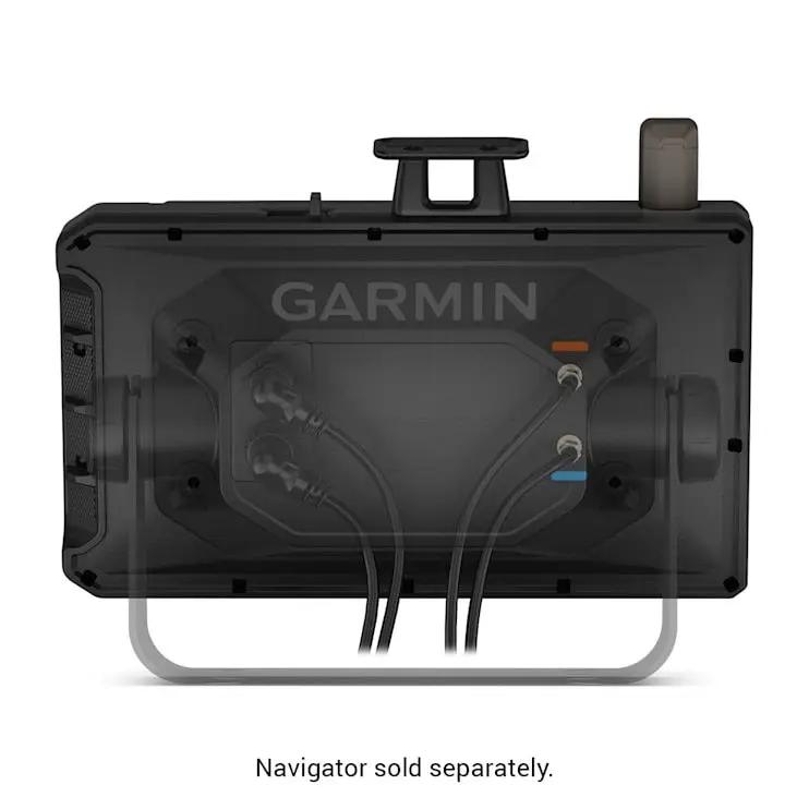 Garmin Tread XL Dock, black marine GPS mount with cable connections and docking stand.