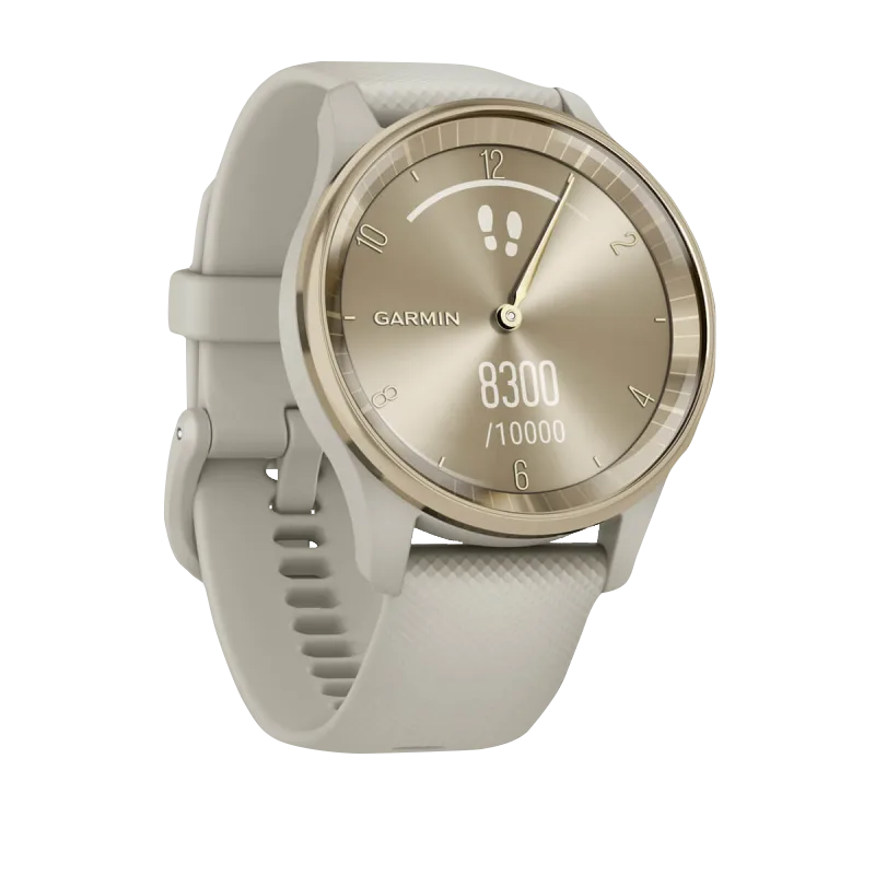 Garmin Vívomove Trend cream smartwatch with gold bezel, French gray case, and silicone band