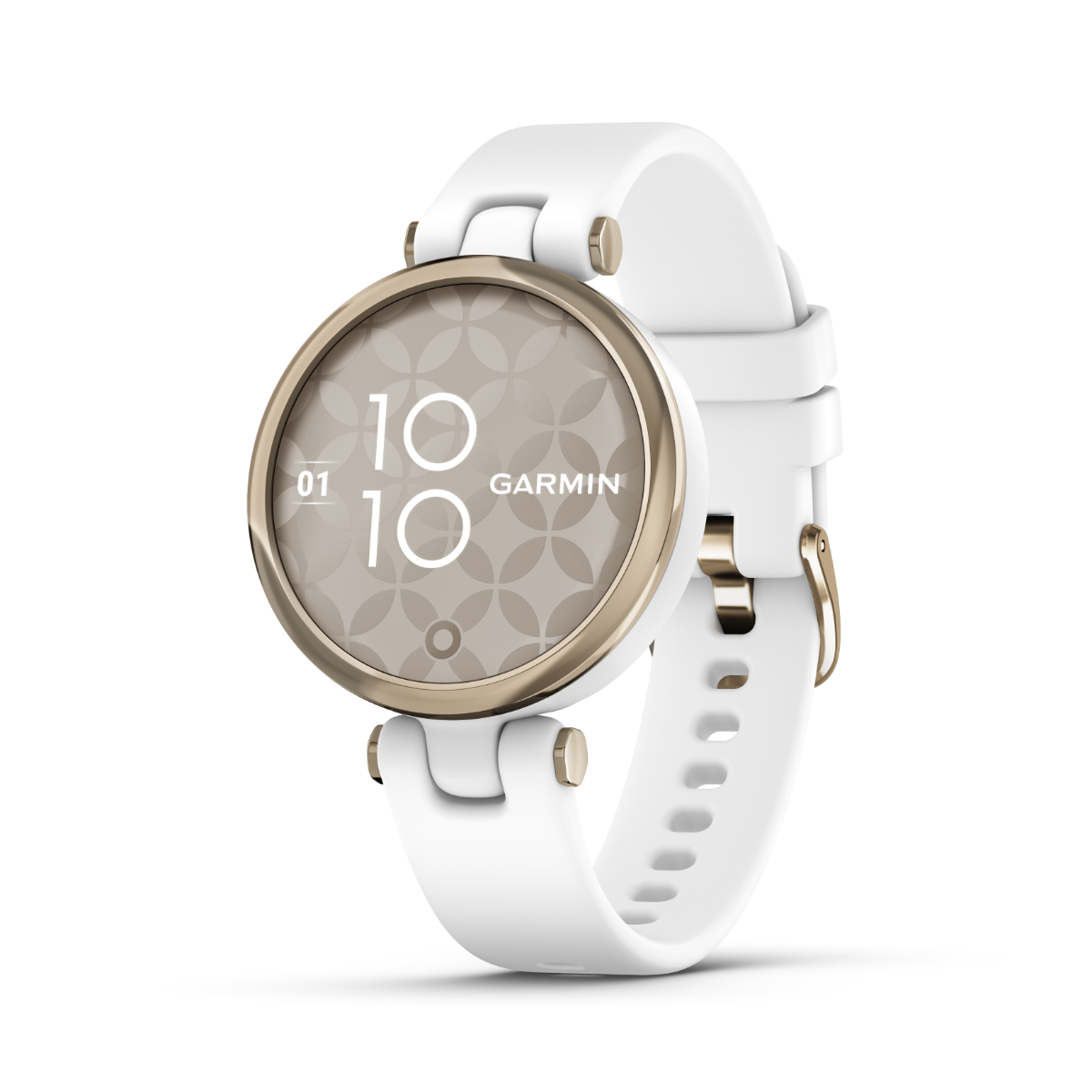 Garmin Lily Sport Edition smartwatch with cream gold bezel, white case and silicone band