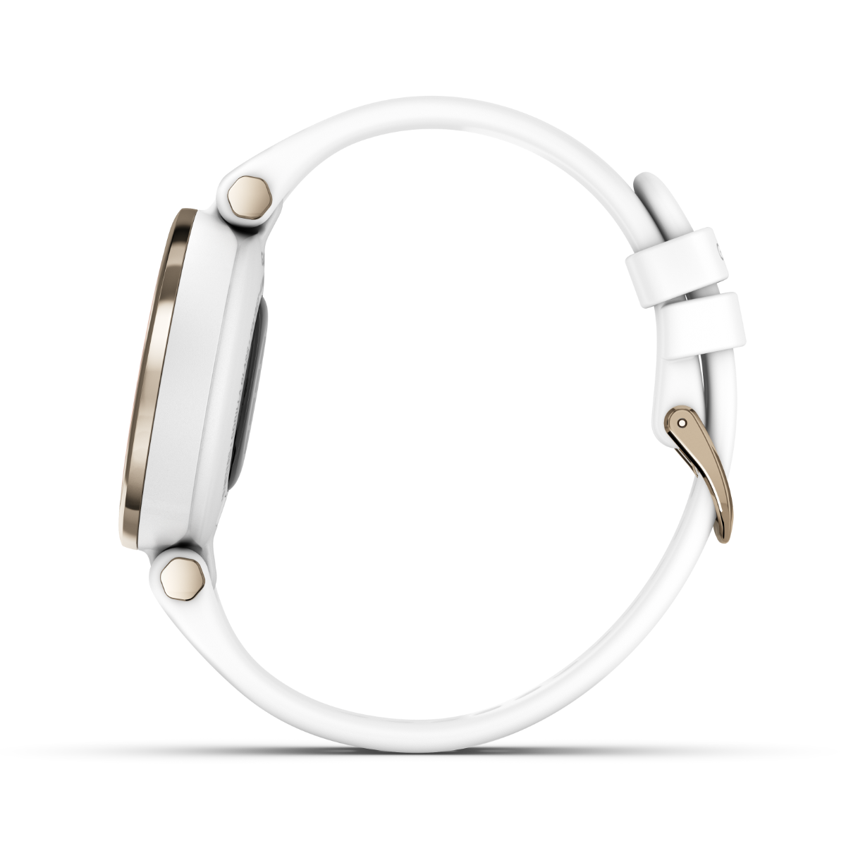 Garmin Lily Sport Edition smartwatch with cream gold bezel, white case and silicone band