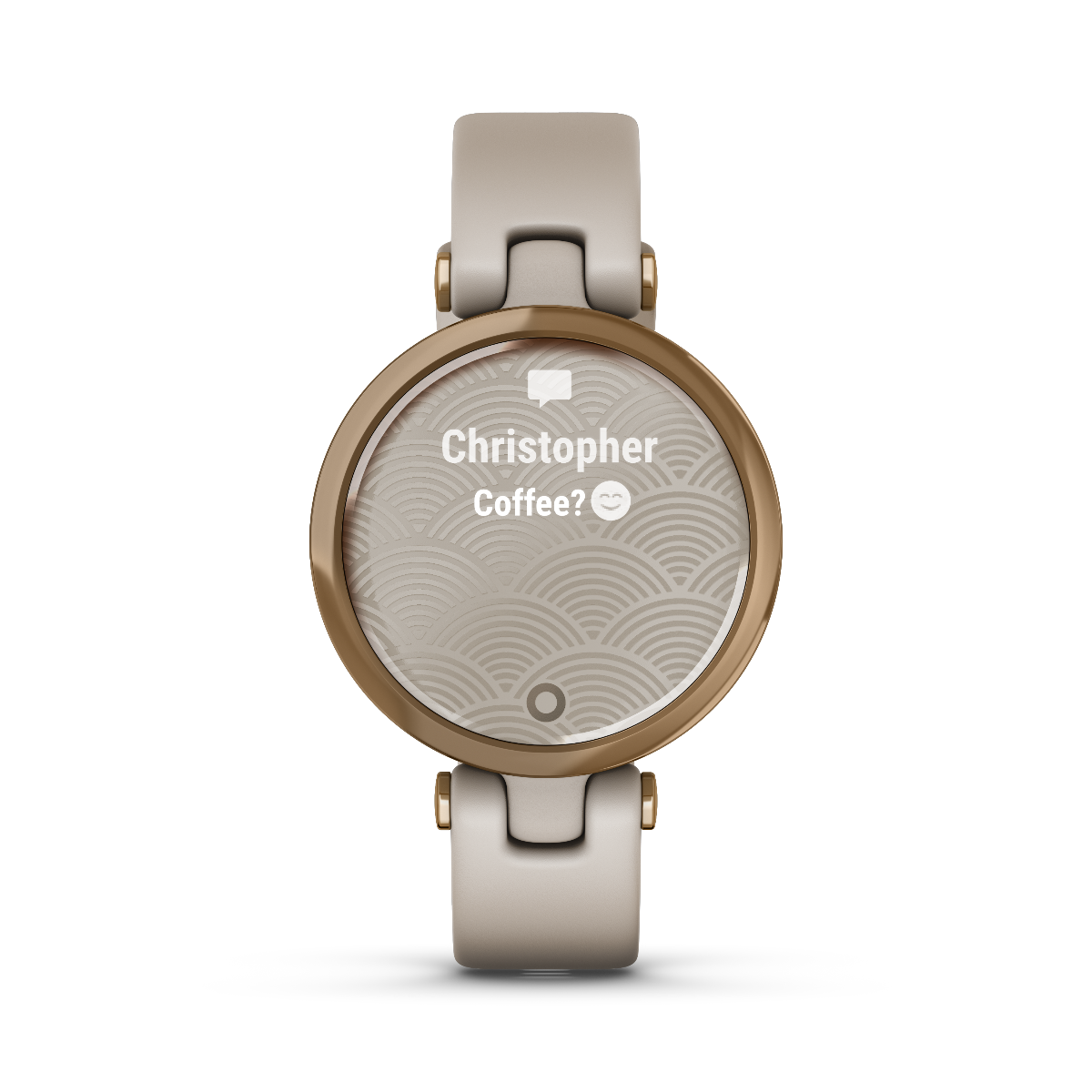Garmin Lily Sport Edition watch with cream silicone band and gold bezel (010-02384-01)