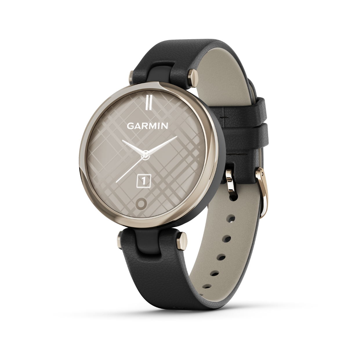 Garmin Lily Classic Edition smartwatch with cream-gold bezel, black case, and Italian leather band