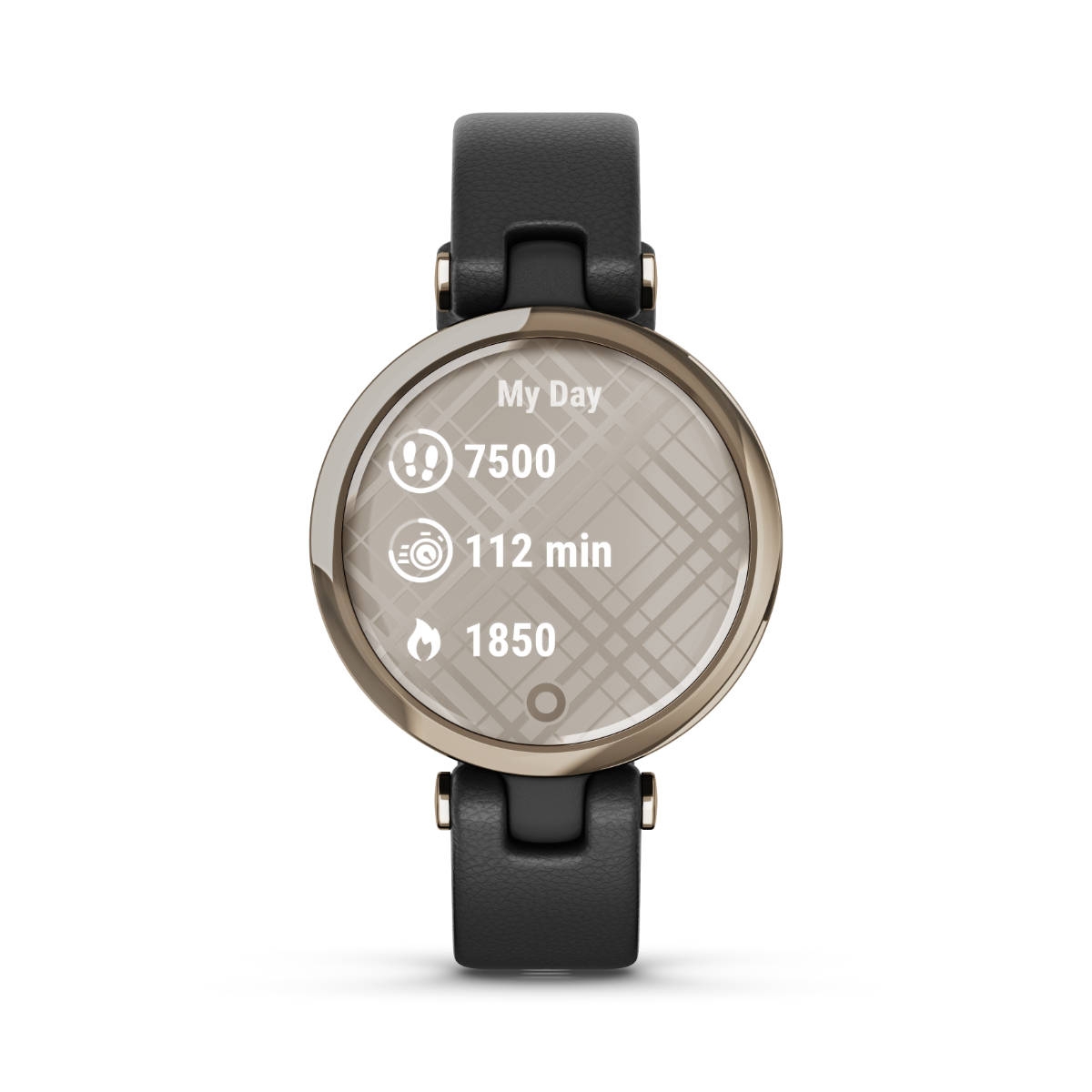 Garmin Lily Classic Edition smartwatch with cream-gold bezel, black case, and Italian leather band.