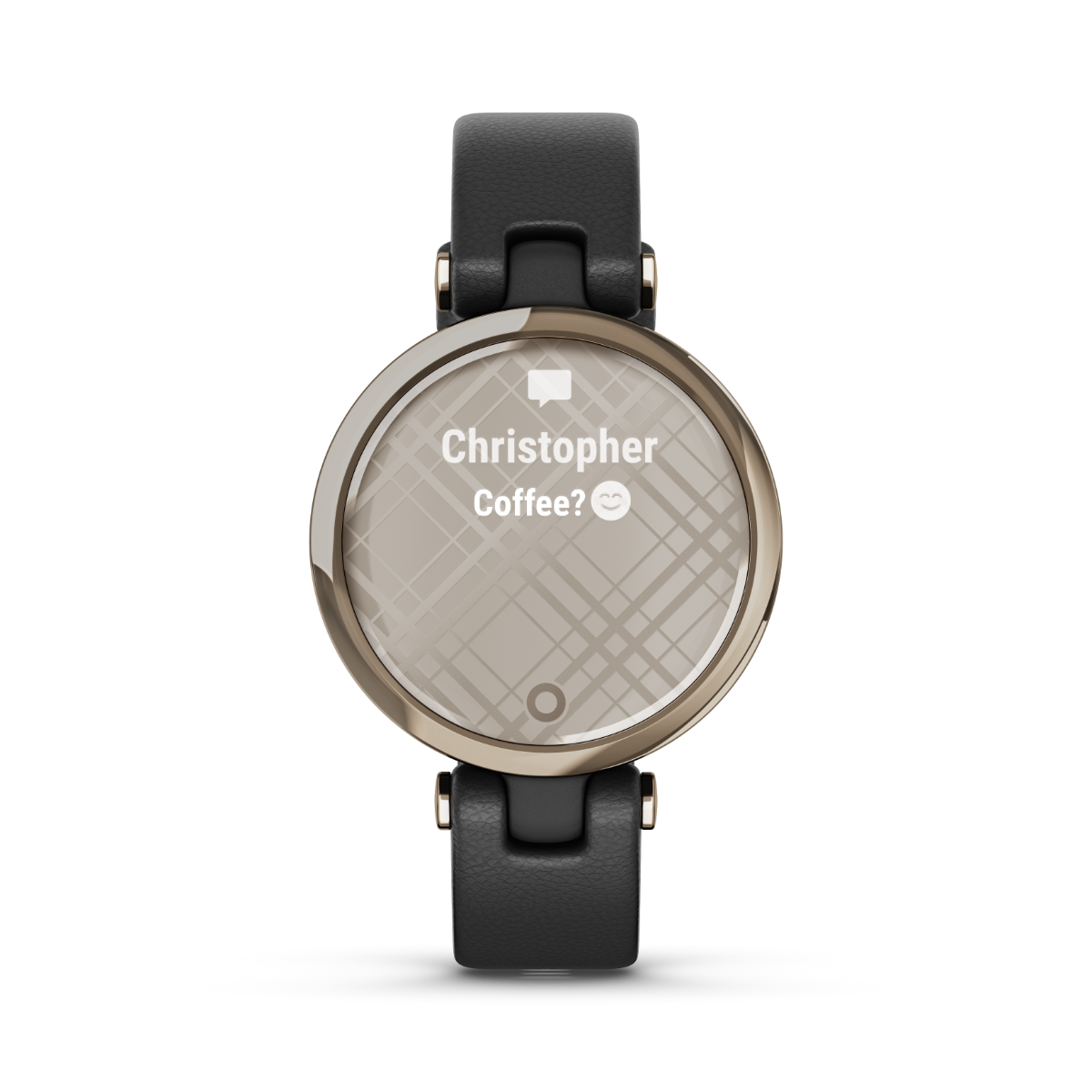 Garmin Lily Classic Edition smartwatch with cream-gold bezel, black case, Italian leather band