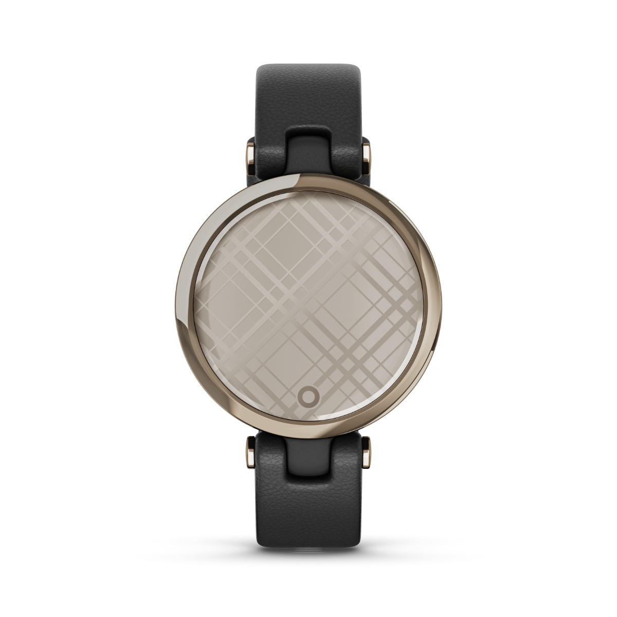 Garmin Lily Classic Edition smartwatch with cream-gold bezel and black Italian leather strap